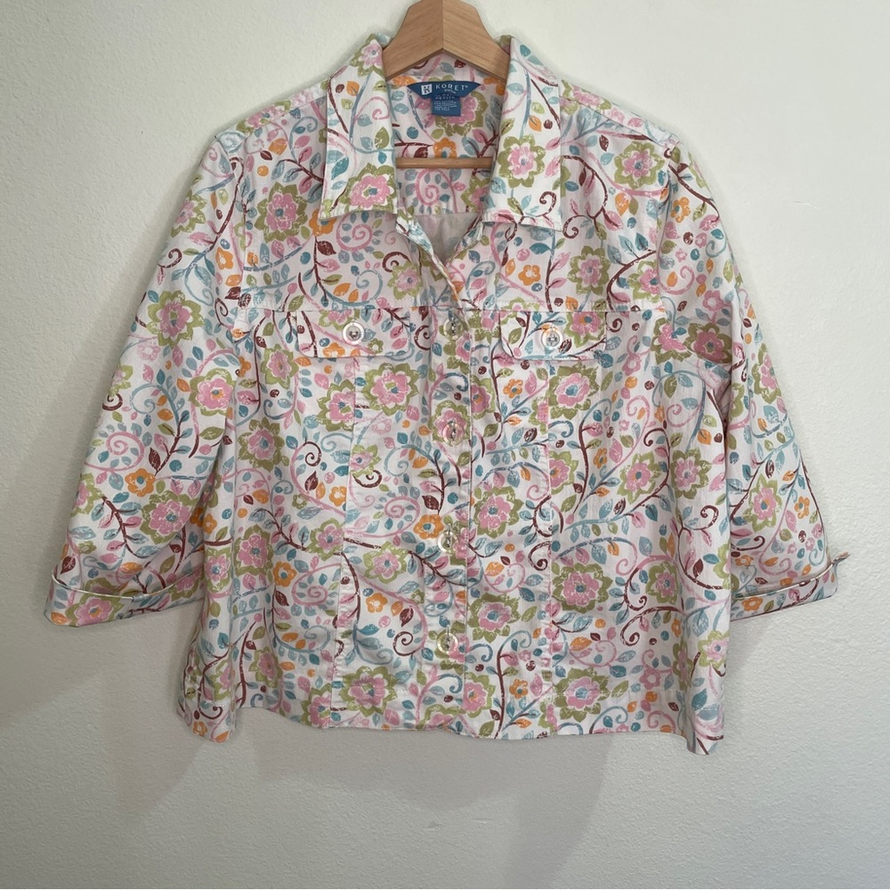 Koret Petite Floral Lightweight 3/4 Sleeve Stretch Twill Shacket - Pastels